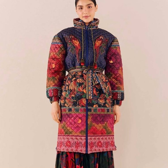 FARM RIO Mixed Patchwork Reversible Midi Belted Puffer Jacket (NWOT) - Picture 3 of 17